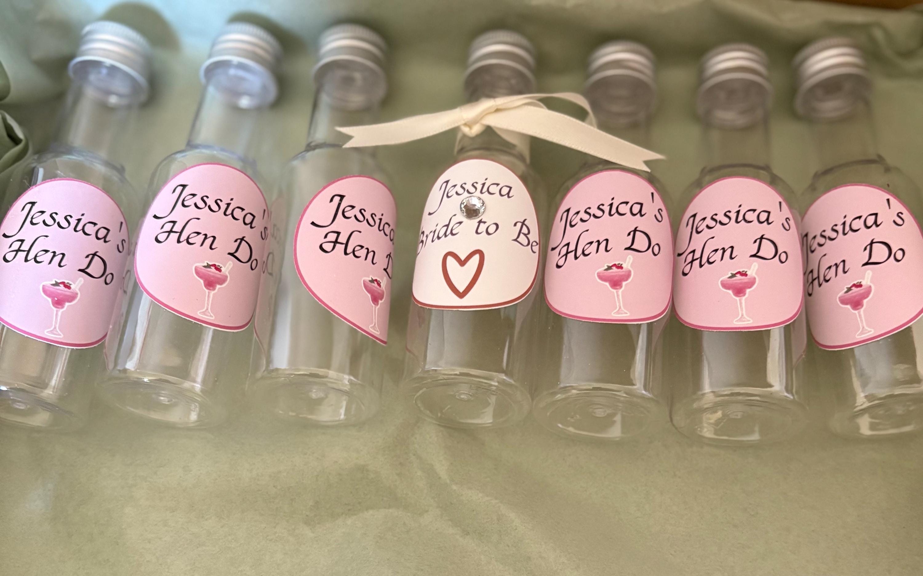 Hen do favour shot bottle - personalised stickers attached to suit celebration