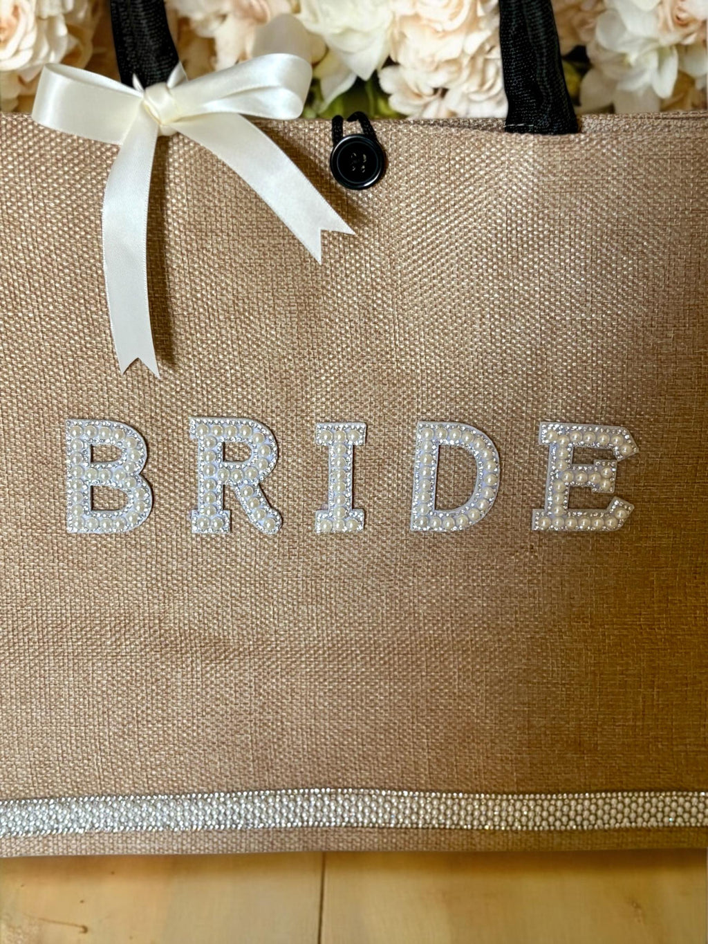 Personalised Bride Jute Tote Bag - Pearl & Rhinestone Wedding Day Essentials Bag