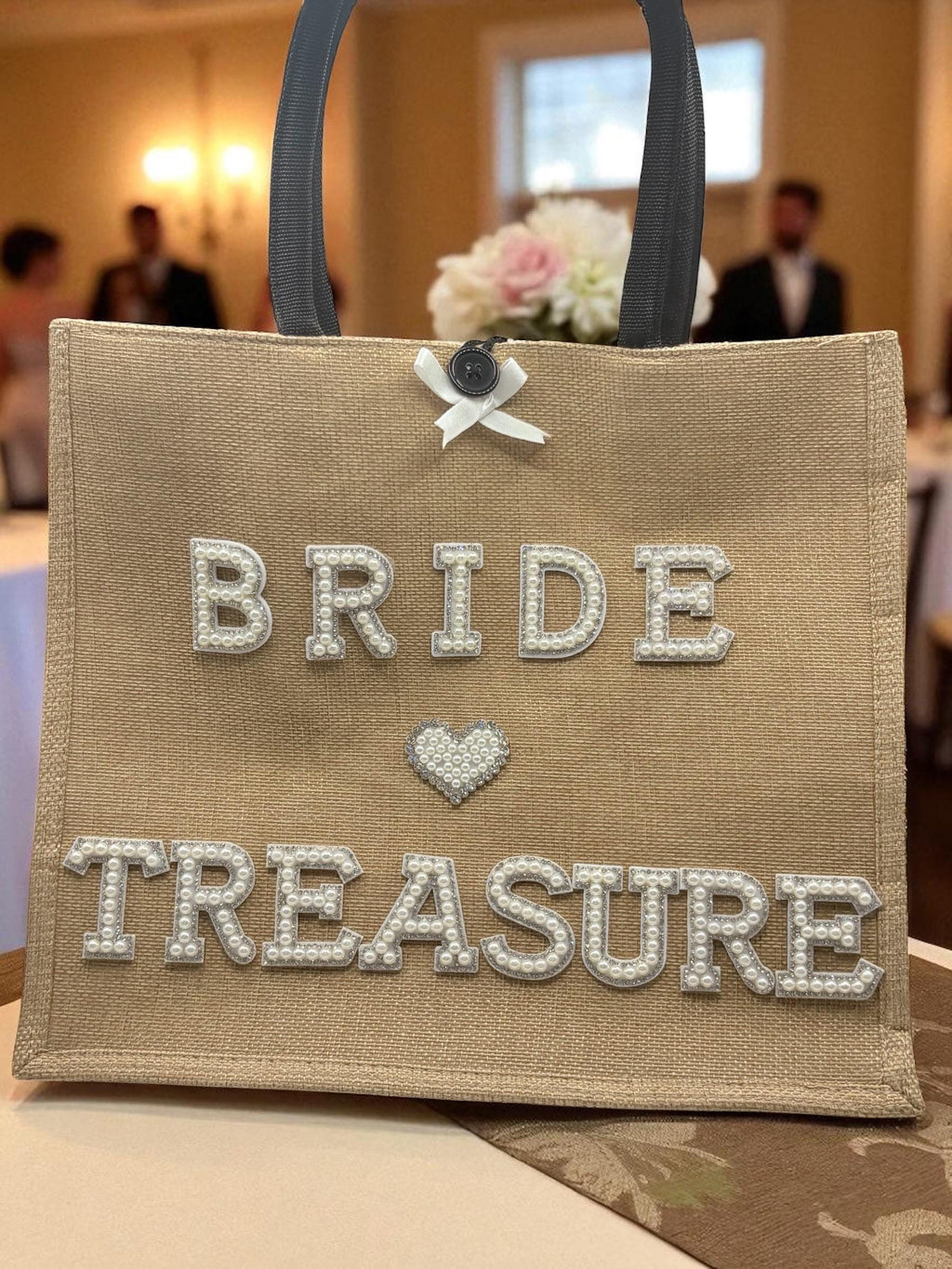 Bride "Treasure" Jute Tote Bag: Pearl & Rhinestone Wedding Day Bag
