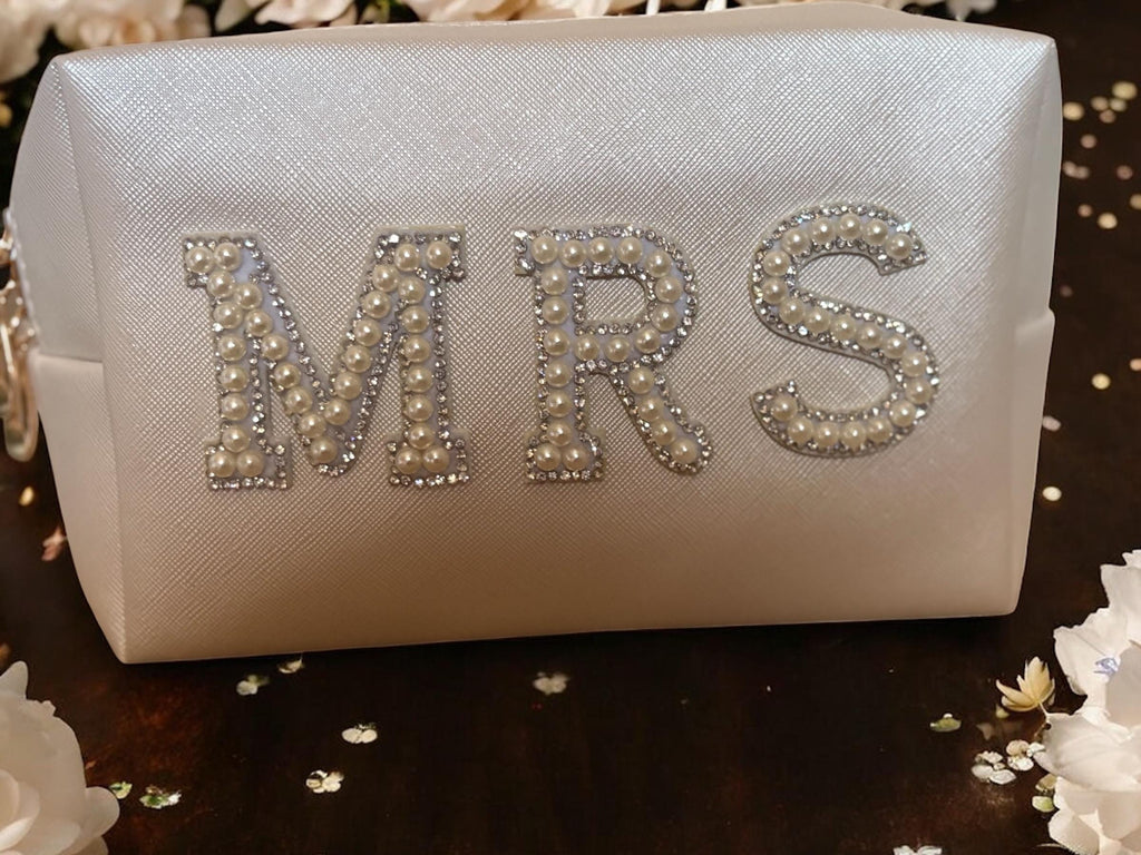 Pearl & Rhinestone Mrs Makeup Bag - Bridal Cosmetic Pouch Wedding Gift