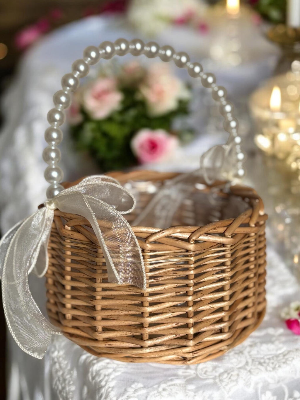 Flower Girl Basket with Ribbons - Wedding Aisle Petal Basket Ceremony Accessory