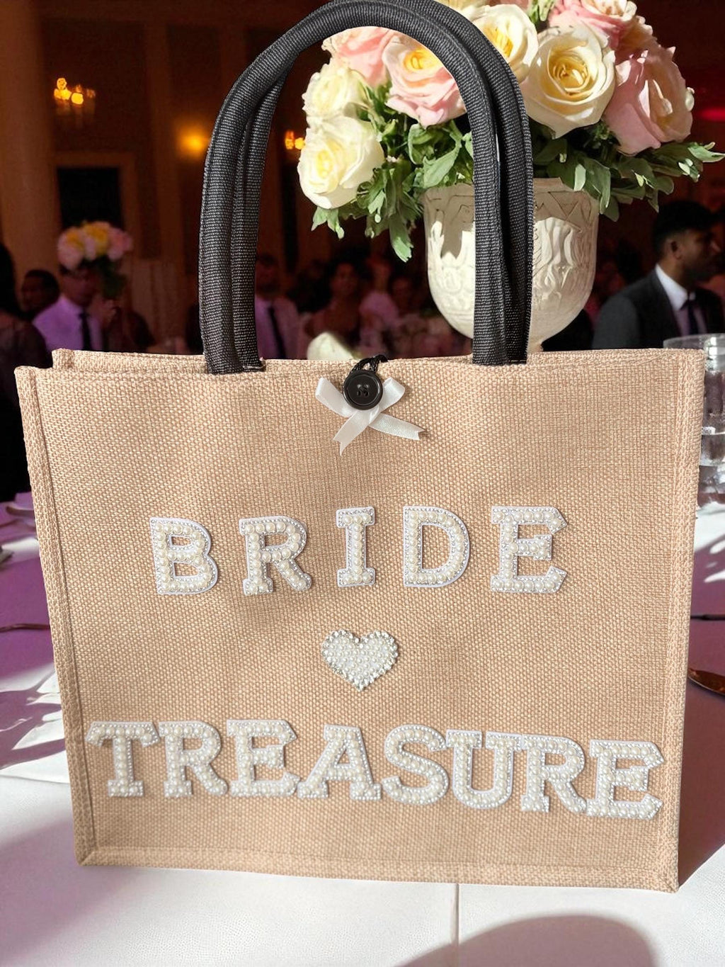 Bride "Treasure" Jute Tote Bag: Pearl & Rhinestone Wedding Day Bag