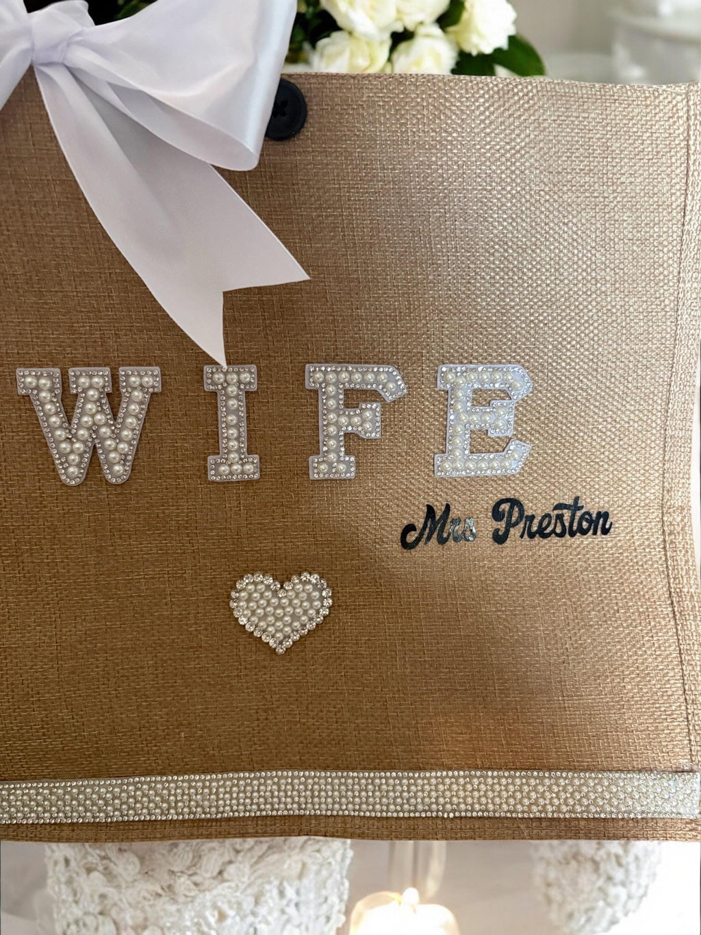 Personalised Bride Jute Tote Bag - Pearl & Rhinestone Wedding Day Essentials Bag