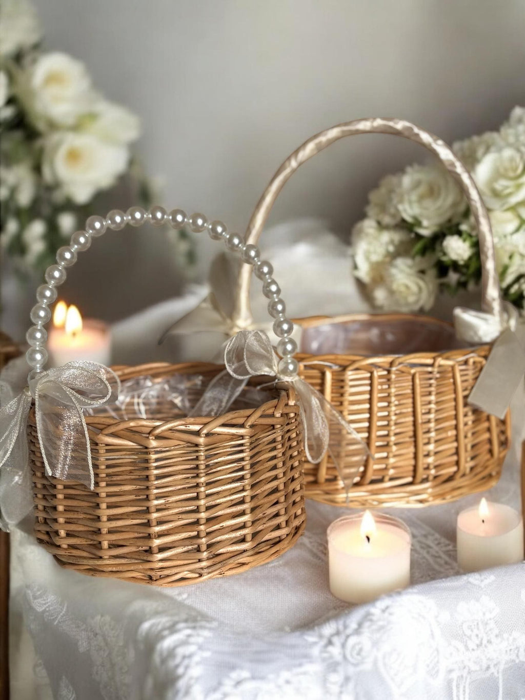 Flower Girl Basket with Ribbons - Wedding Aisle Petal Basket Ceremony Accessory