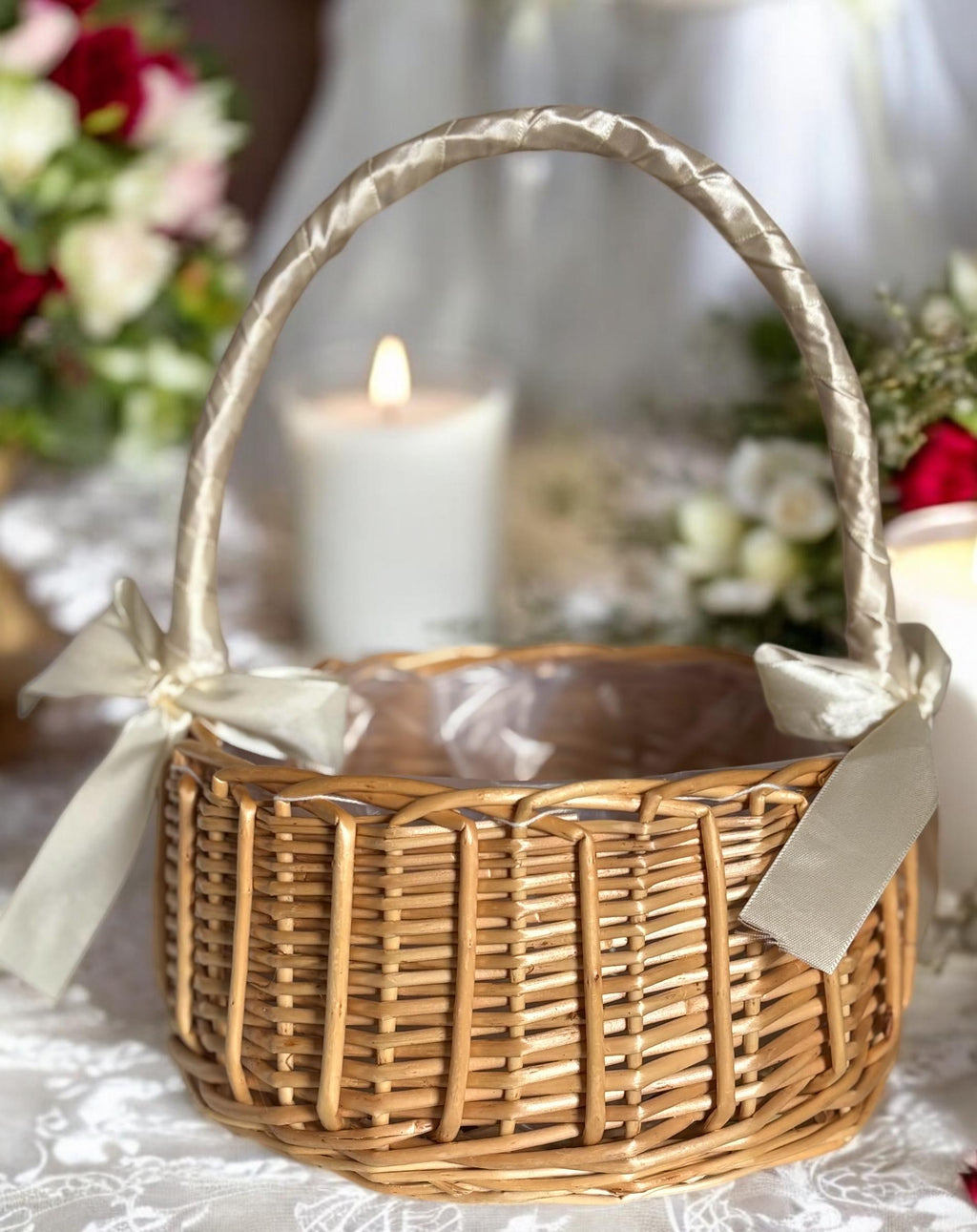Flower Girl Basket with Ribbons - Wedding Aisle Petal Basket Ceremony Accessory