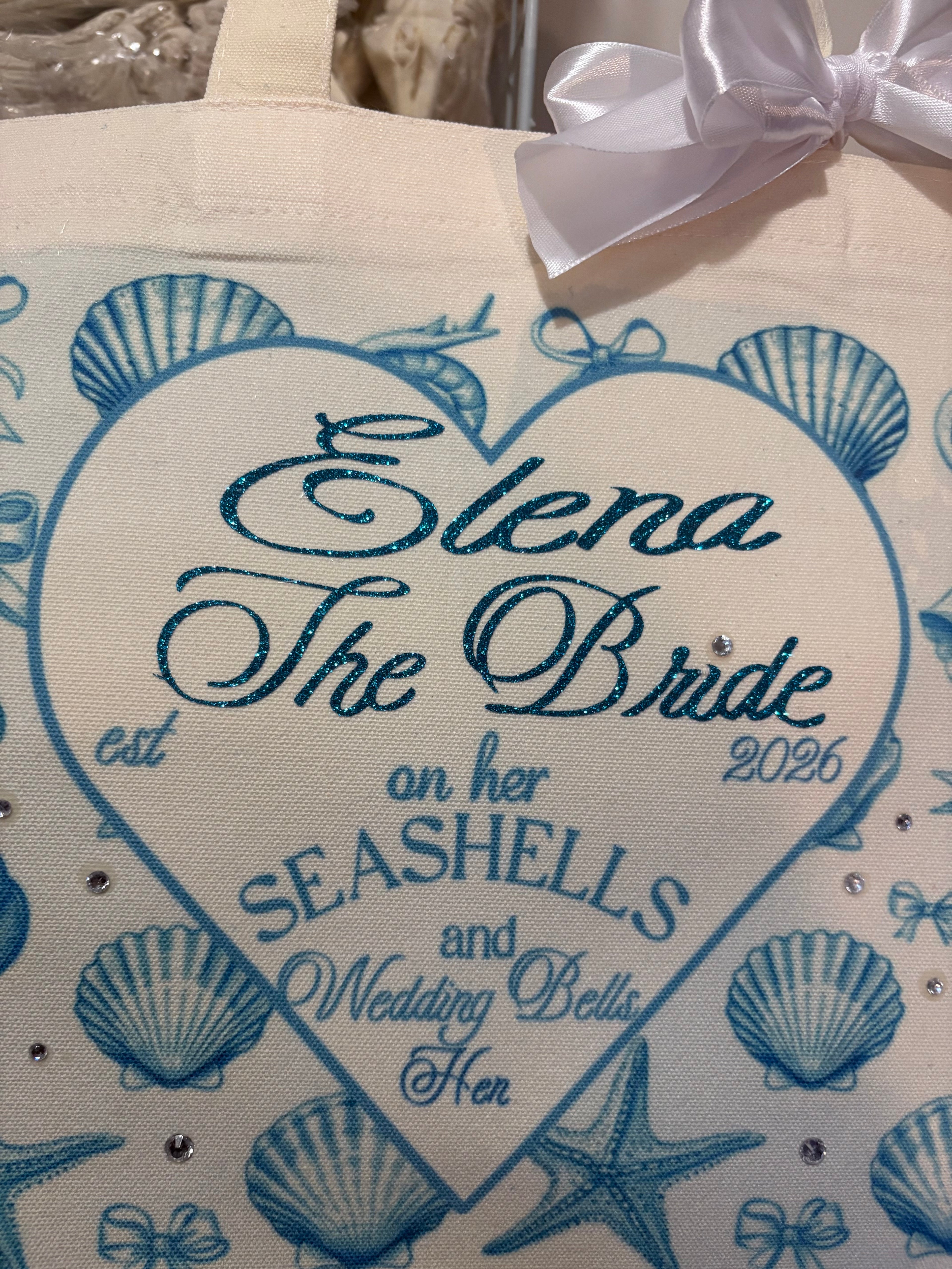 Personalised Beach Hen Bride Tote Bag with Glitter Writing and Rhinestones