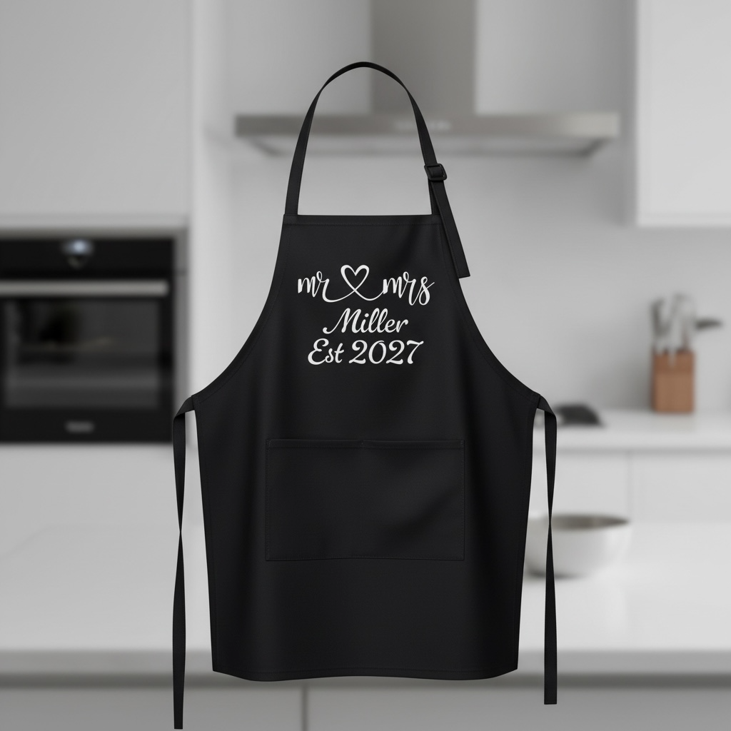 Black Cotton Wedding Apron - Personalised Bride & Groom Keepsake