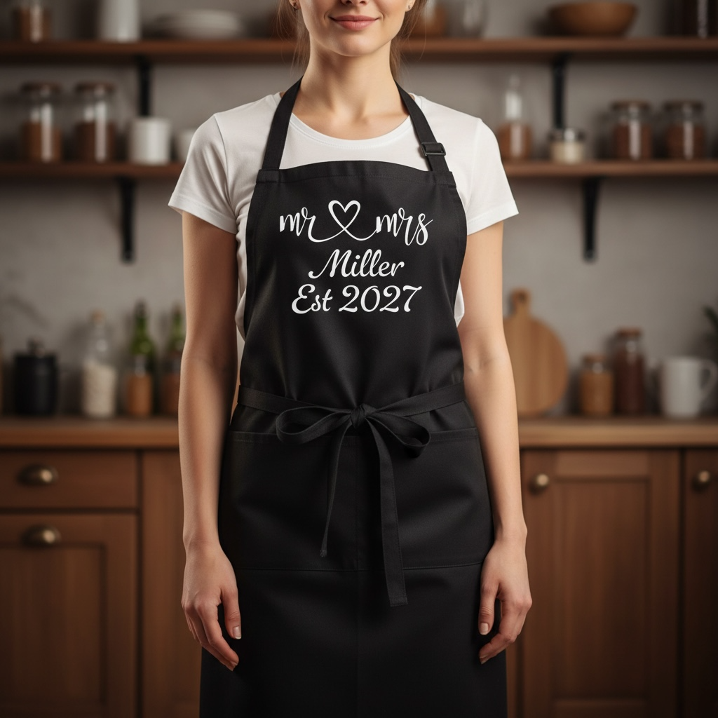 Black Cotton Wedding Apron - Personalised Bride & Groom Keepsake