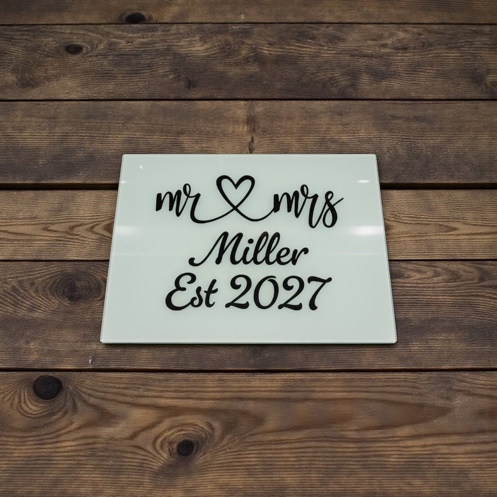 Personalised Mr and Mrs Glass Chopping Board with Wedding Date