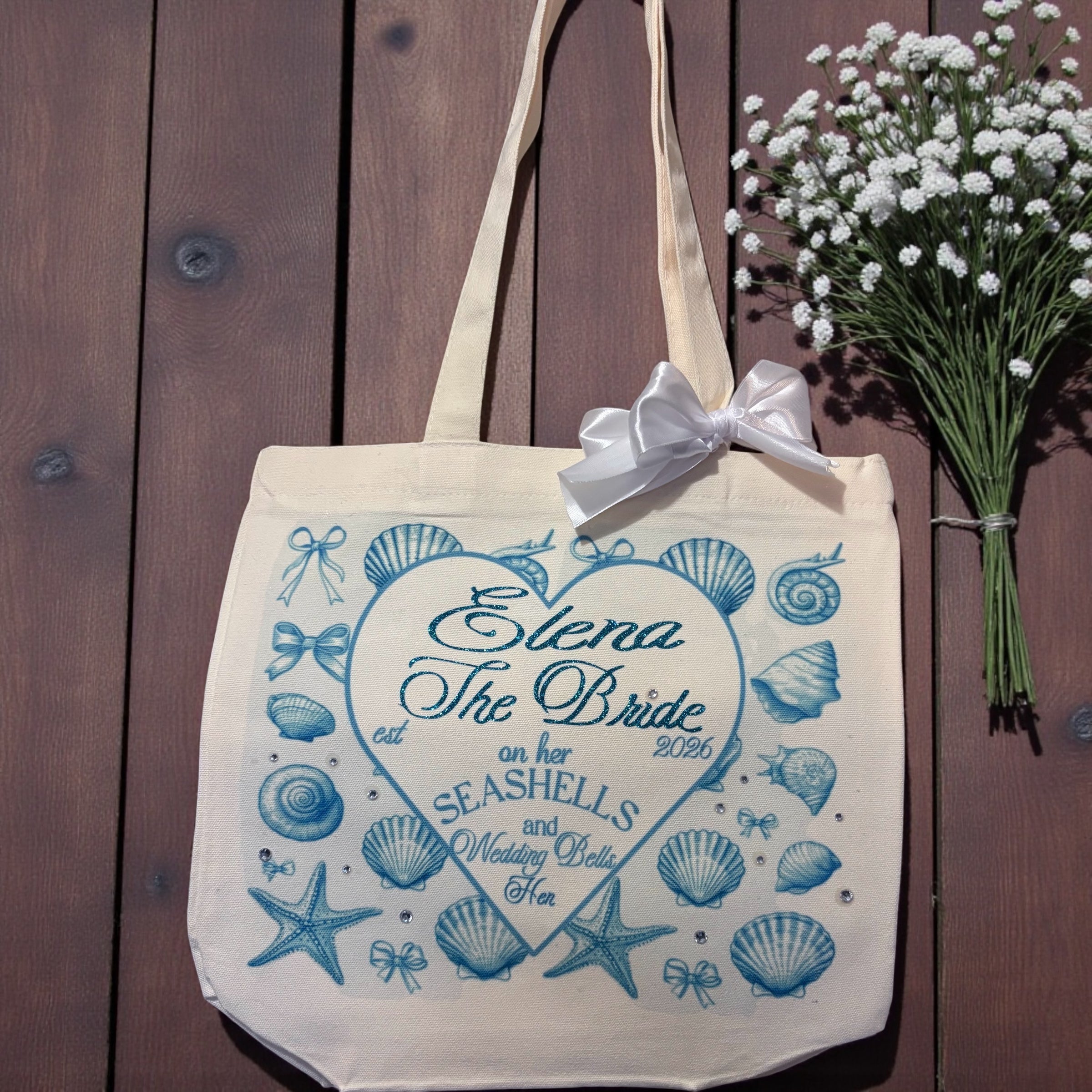 Personalised Beach Hen Bride Tote Bag with Glitter Writing and Rhinestones