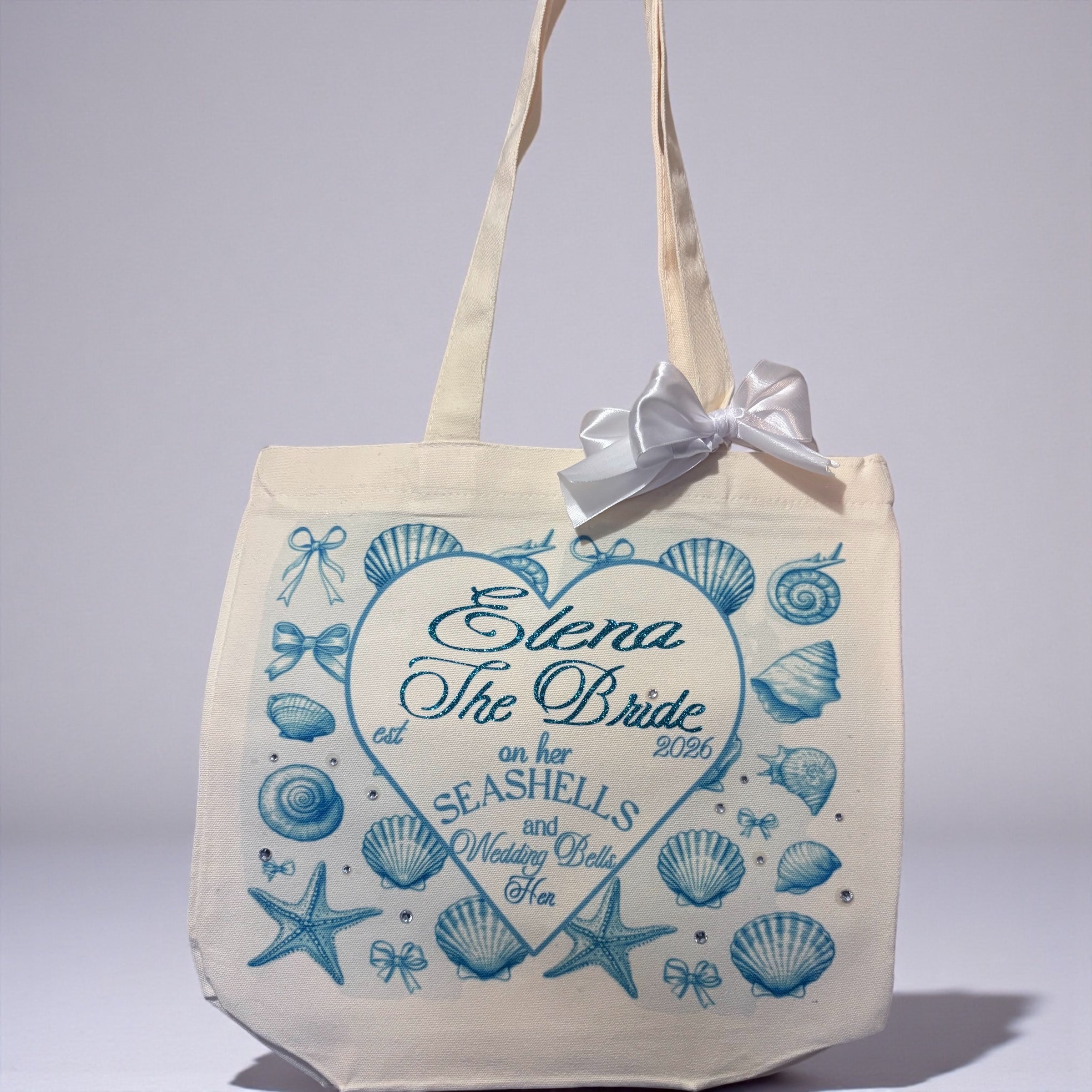 Personalised Beach Hen Bride Tote Bag with Glitter Writing and Rhinestones