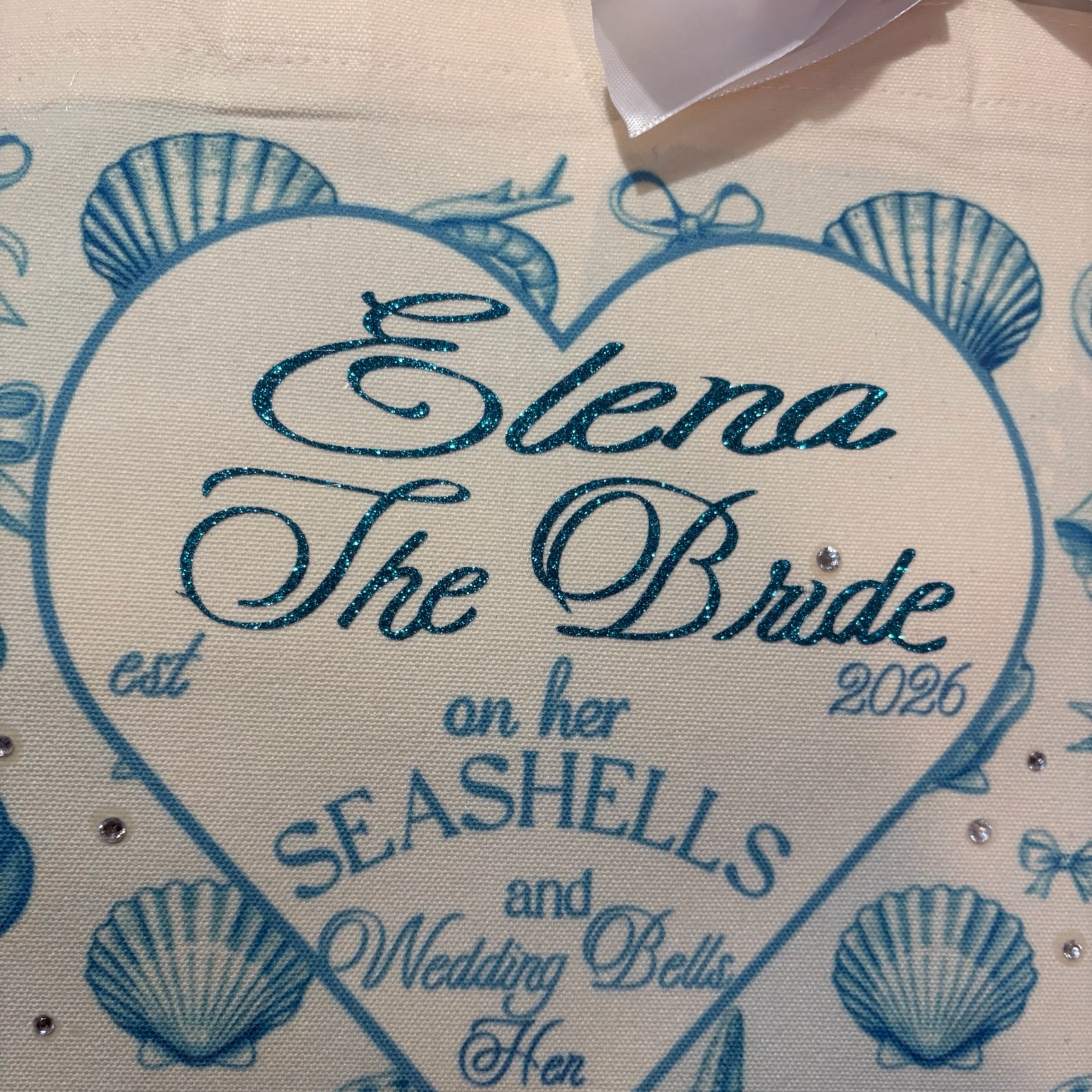 Personalised Beach Hen Bride Tote Bag with Glitter Writing and Rhinestones
