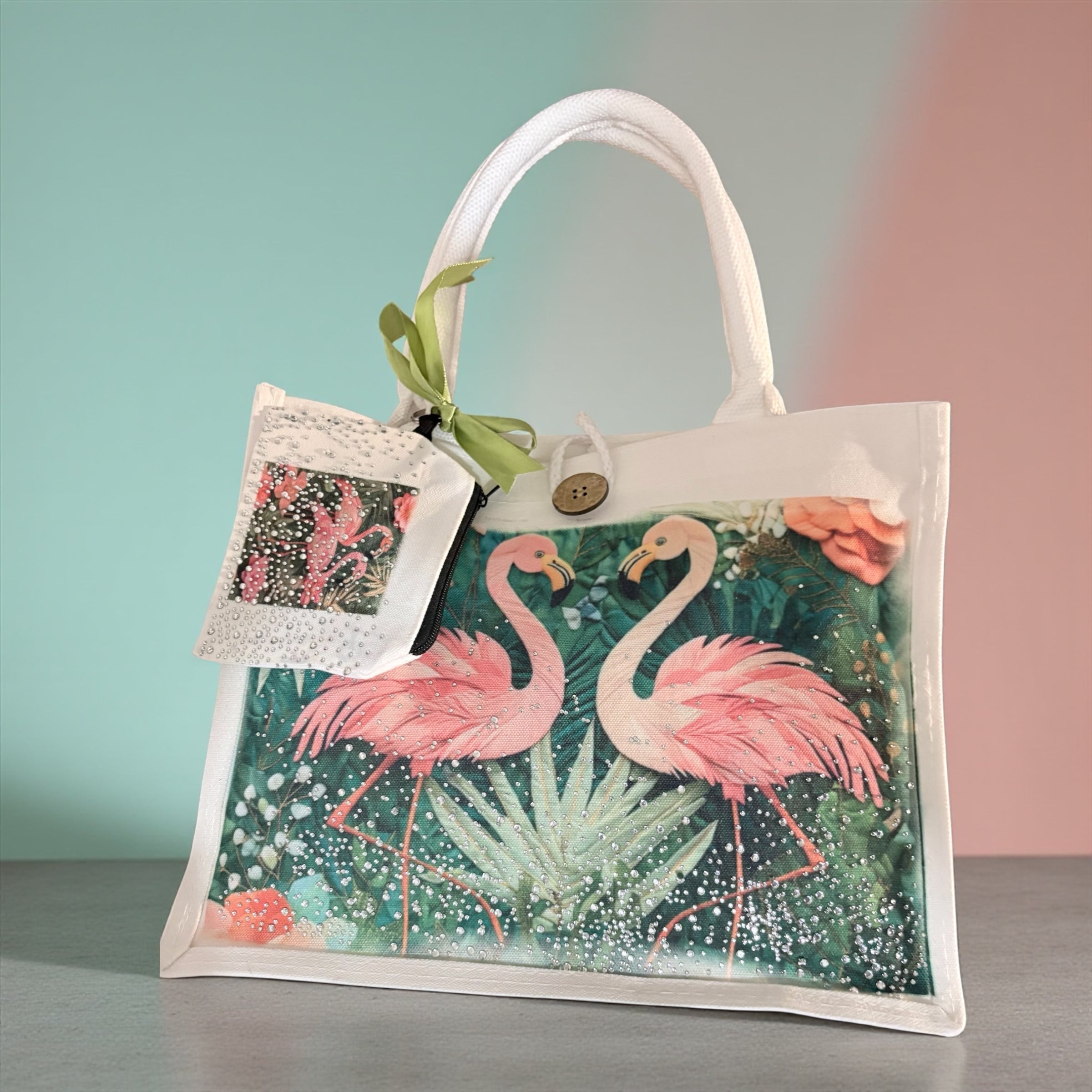 Green Flamingo Rhinestone Tote Bag with Matching Coin Purse