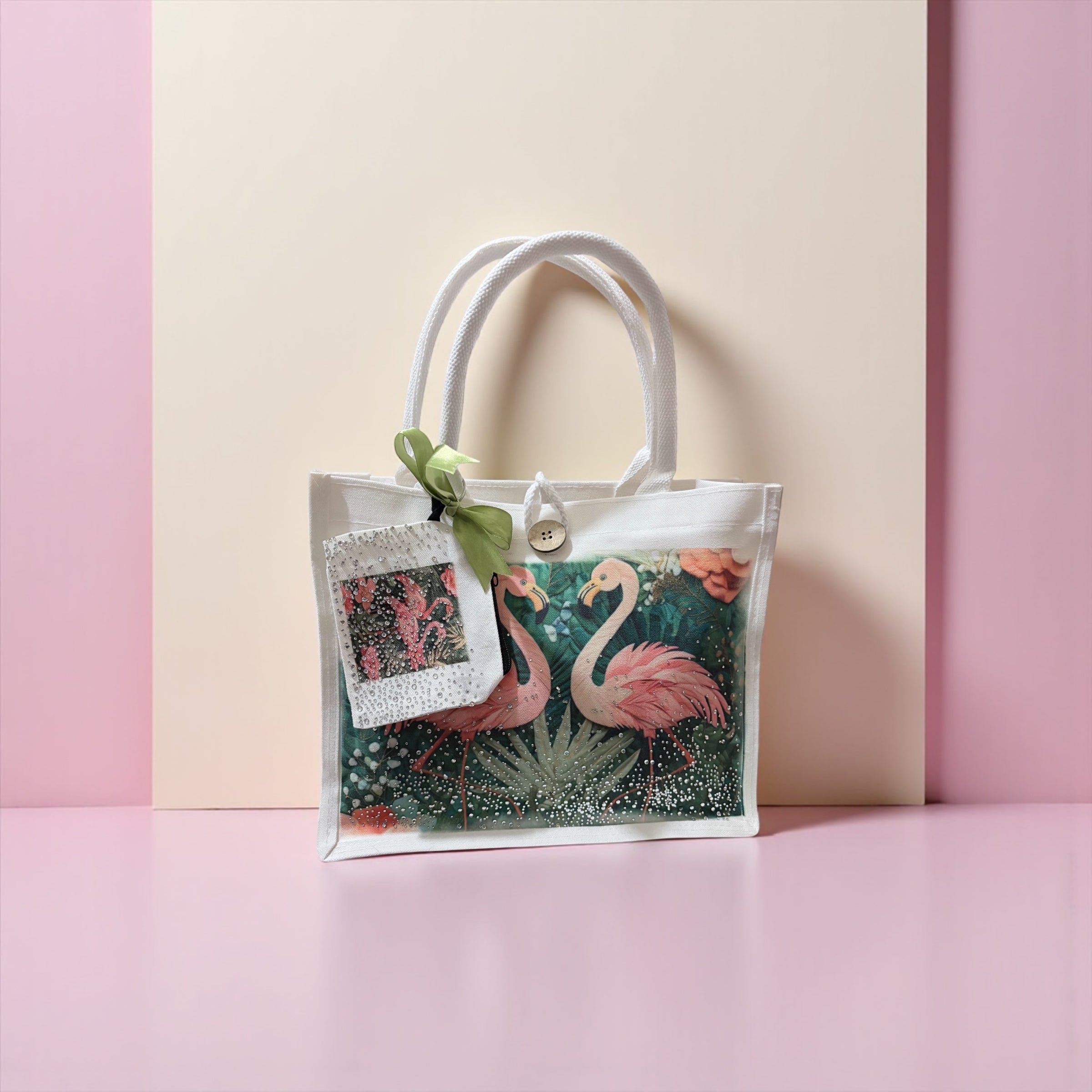 Green Flamingo Rhinestone Tote Bag with Matching Coin Purse