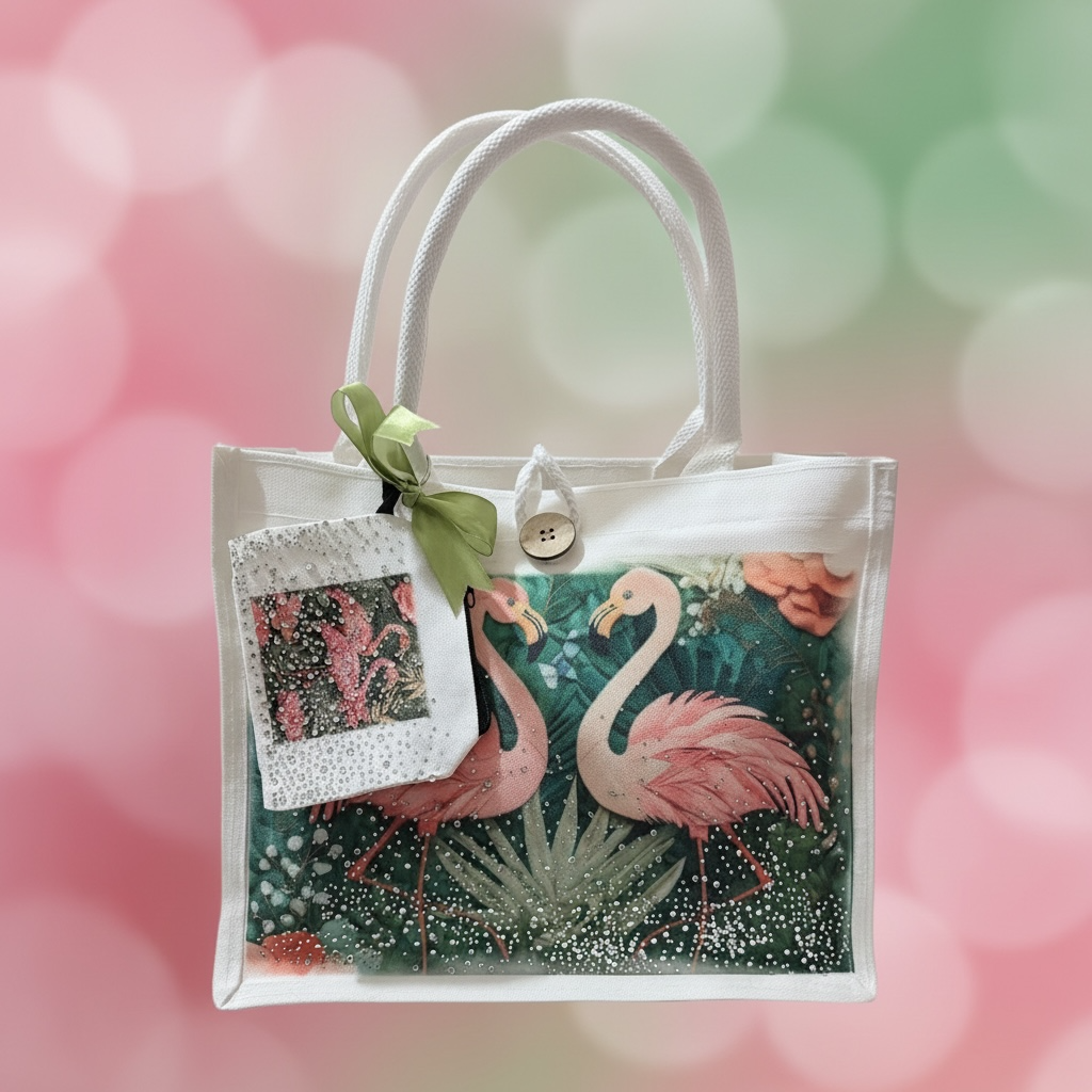 Green Flamingo Rhinestone Tote Bag with Matching Coin Purse