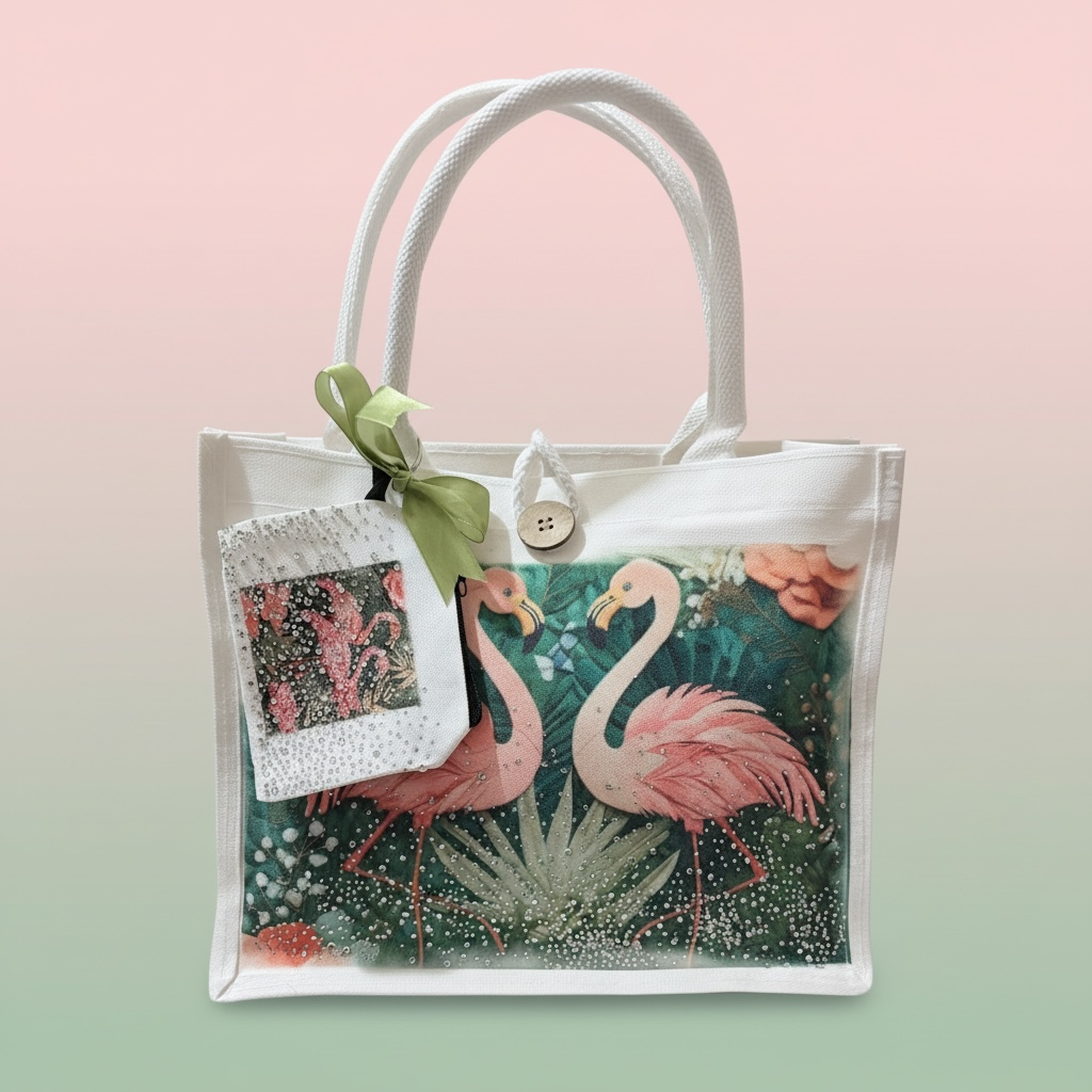 Green Flamingo Rhinestone Tote Bag with Matching Coin Purse