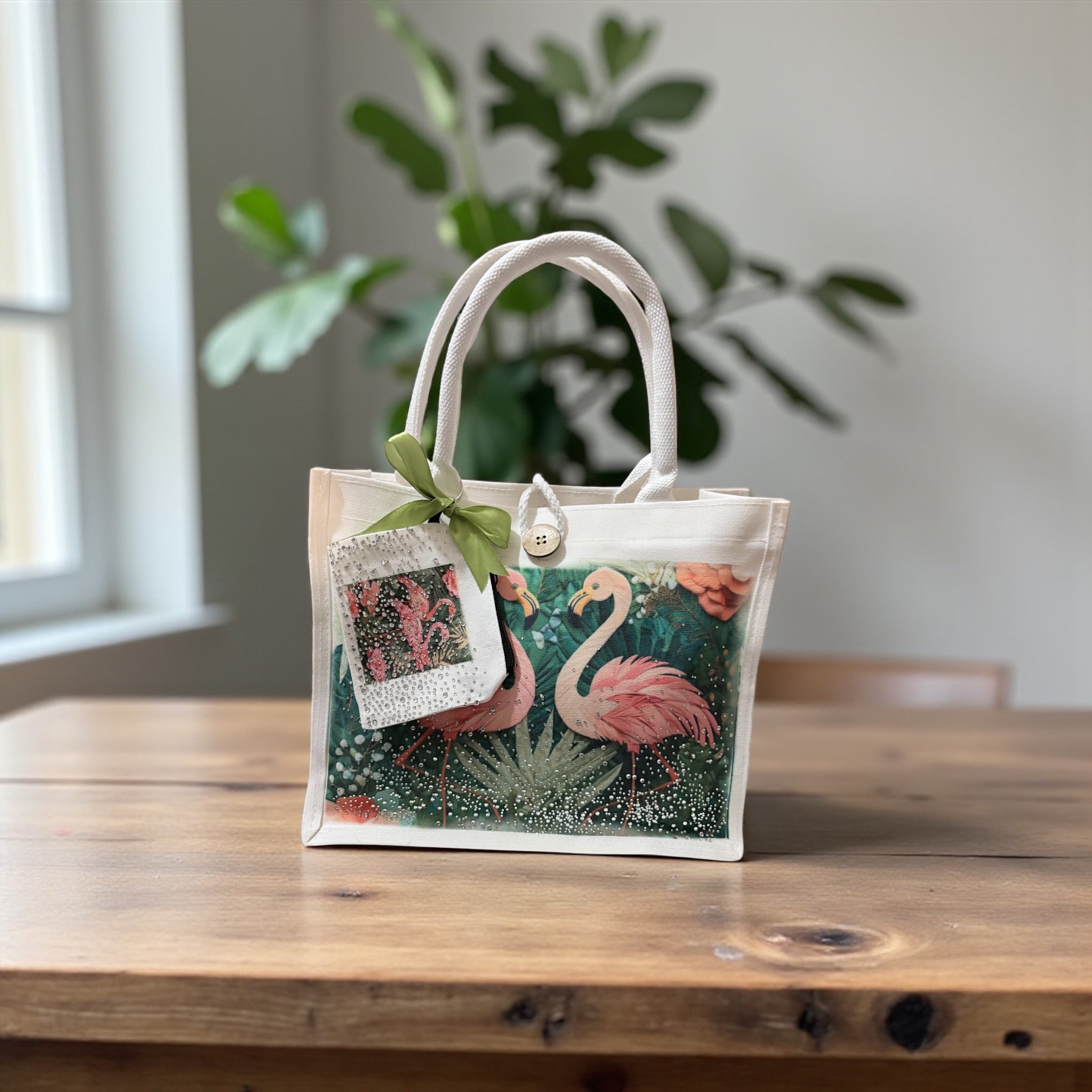 Green Flamingo Rhinestone Tote Bag with Matching Coin Purse