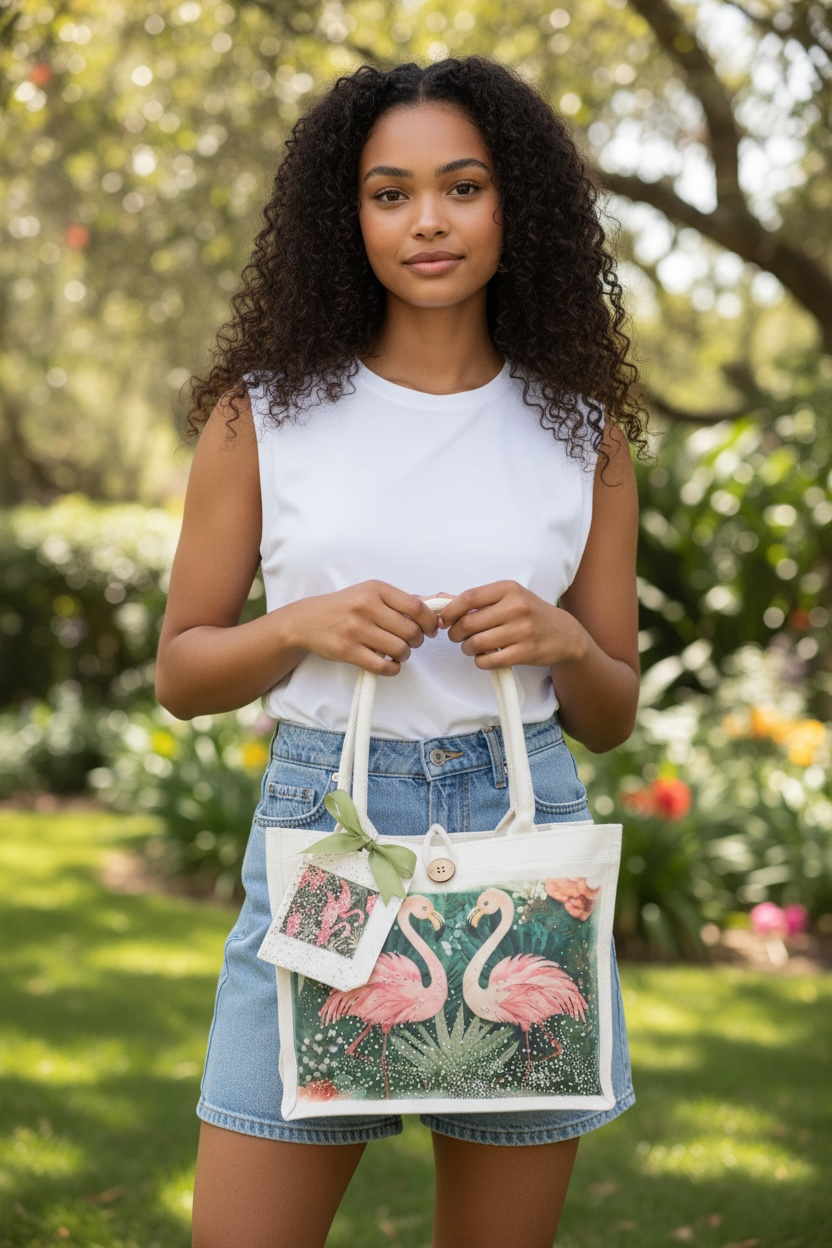 Green Flamingo Rhinestone Tote Bag with Matching Coin Purse