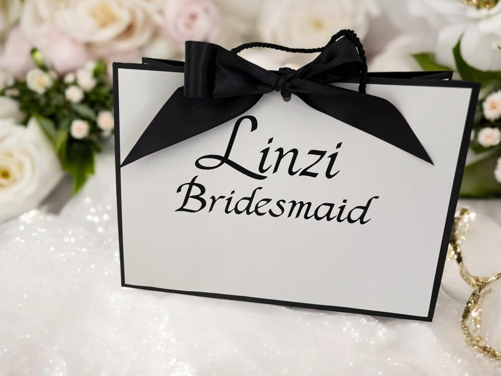 Personalised Black & White Gift Bag - Bridal Party Wedding Favour with Ribbon
