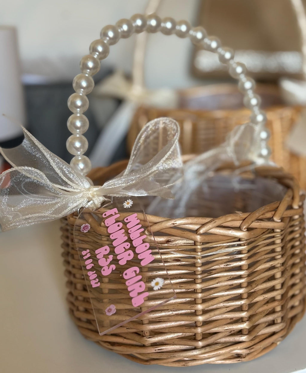 Flower Girl Basket with Ribbons - Wedding Aisle Petal Basket Ceremony Accessory