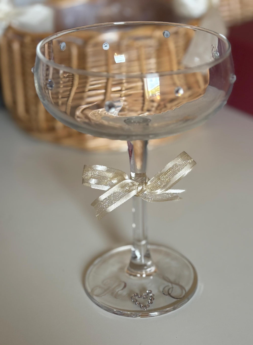 Personalised Rhinestone Champagne Glass - Custom Name with Bow & Heart Bridal Gift