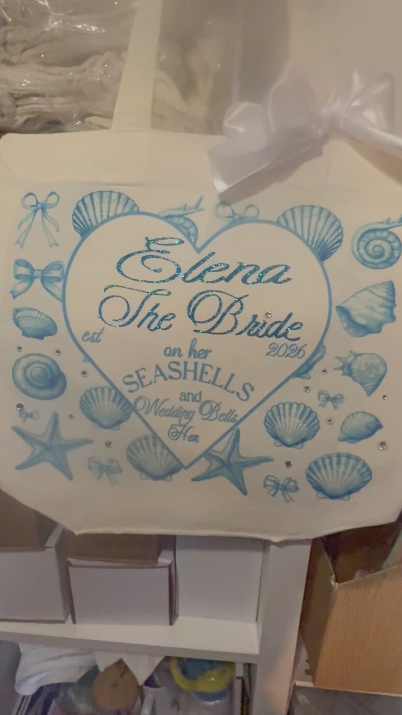 Personalised Beach Hen Bride Tote Bag with Glitter Writing and Rhinestones